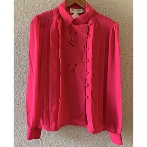 NWT Josephine Sz 14 VTG Pink Pleated Button Blouse - Embroidered Floral Cut Out